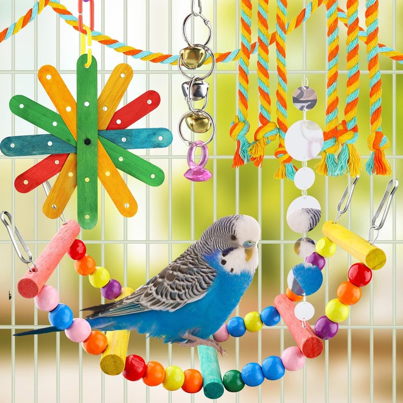 QUOZUO 8 pcs Bird Toys for Parakeets with Colorful Ladder Hammock Bird Cage Accessories Bird Perch Stand Chewing Toys Hanging Bell Parrot - Image 5